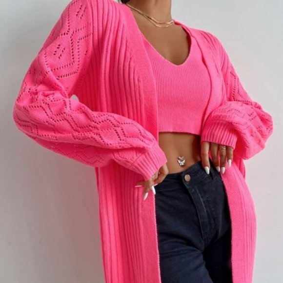 . Sweaters - PINK Crop Knit Top & Open Front Cardigan